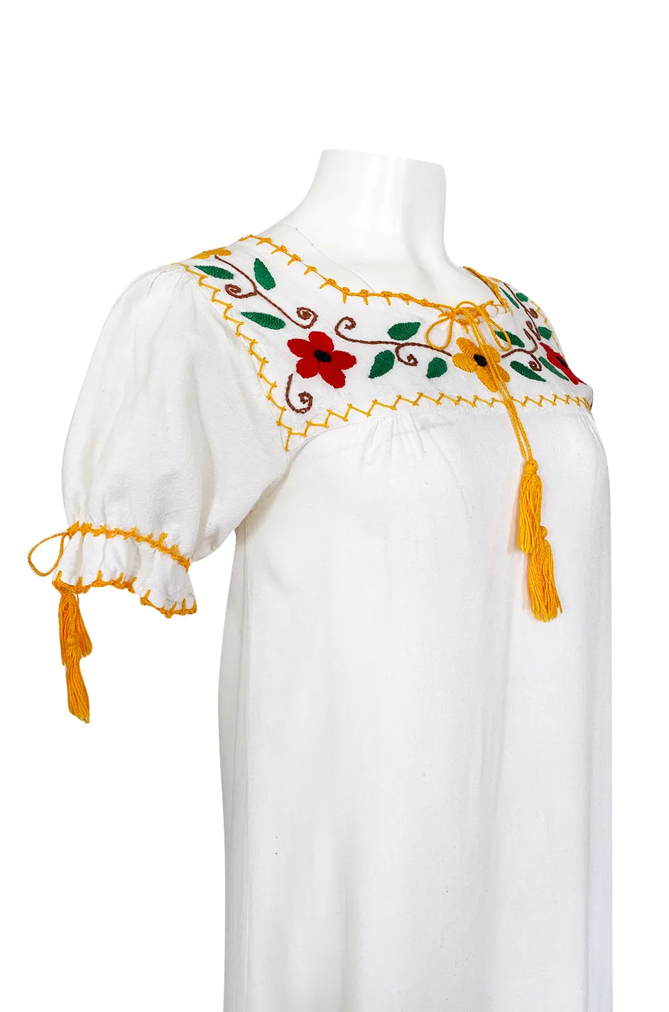 1950s Handmade Mexican Floral Embroidered White Cotton Dress