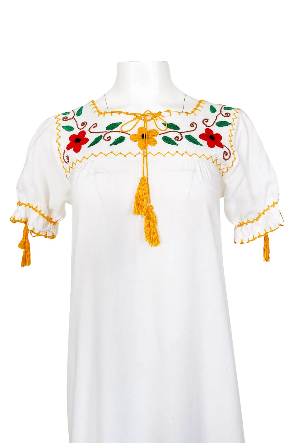 1950s Handmade Mexican Floral Embroidered White Cotton Dress