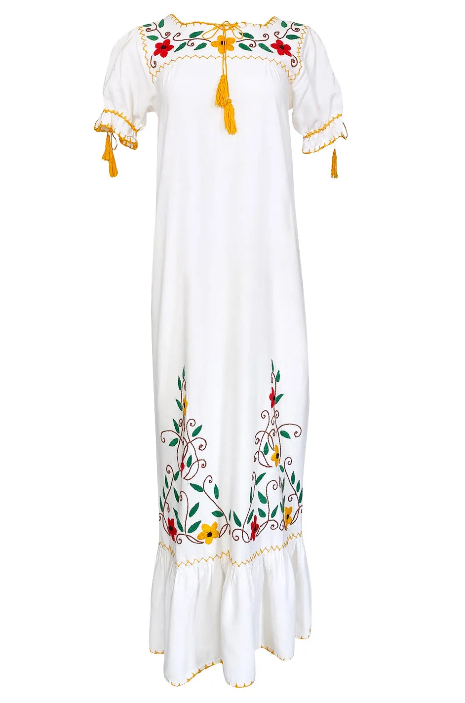 1950s Handmade Mexican Floral Embroidered White Cotton Dress