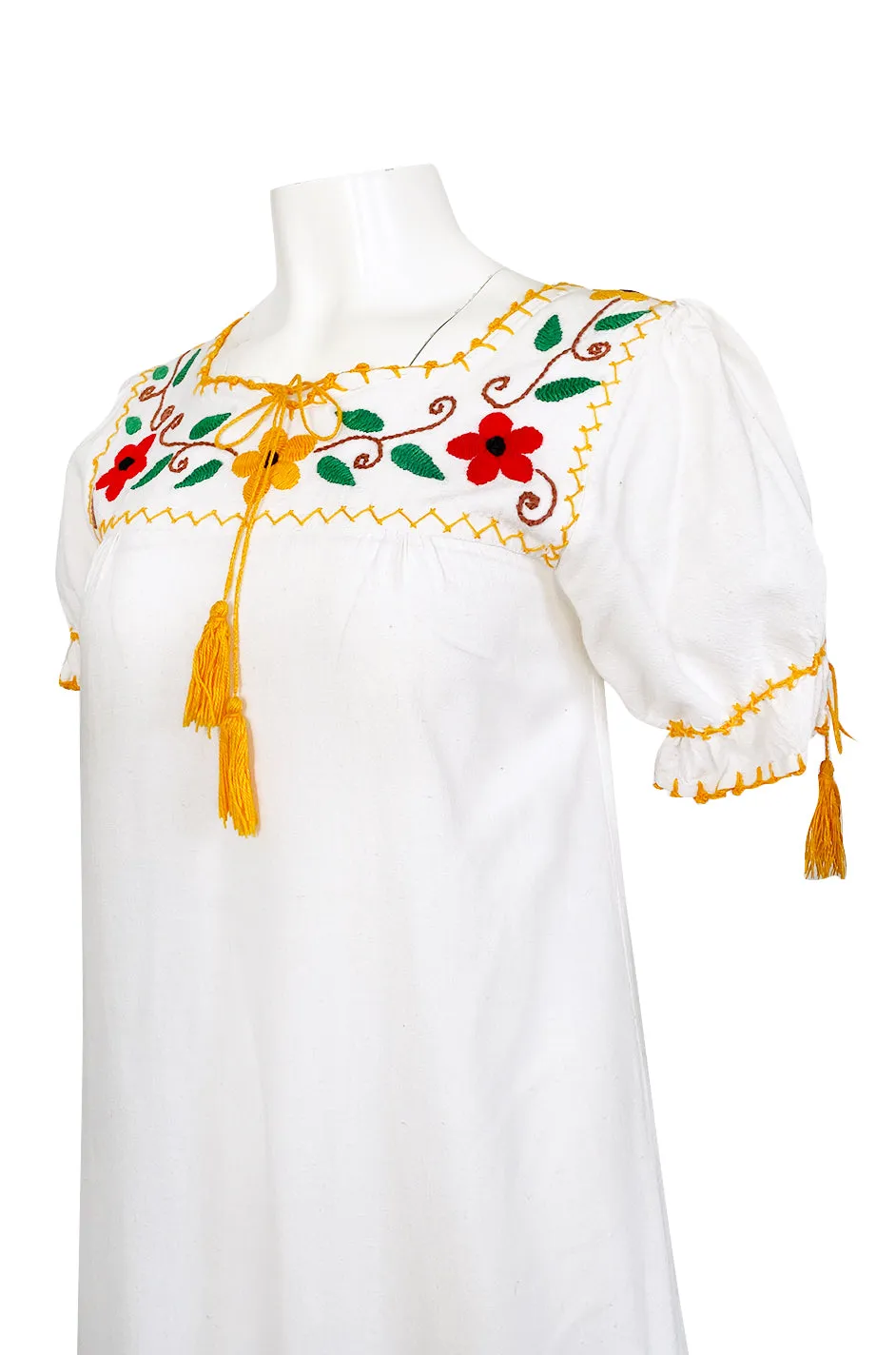 1950s Handmade Mexican Floral Embroidered White Cotton Dress