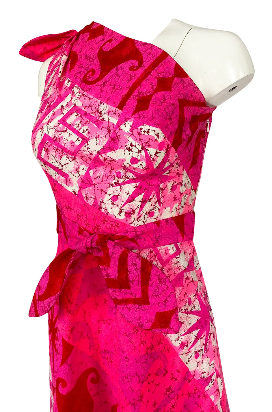 1960s B.Cohen One Shoulder Vibrant Pink Printed Barkcloth Hawaiian Dress