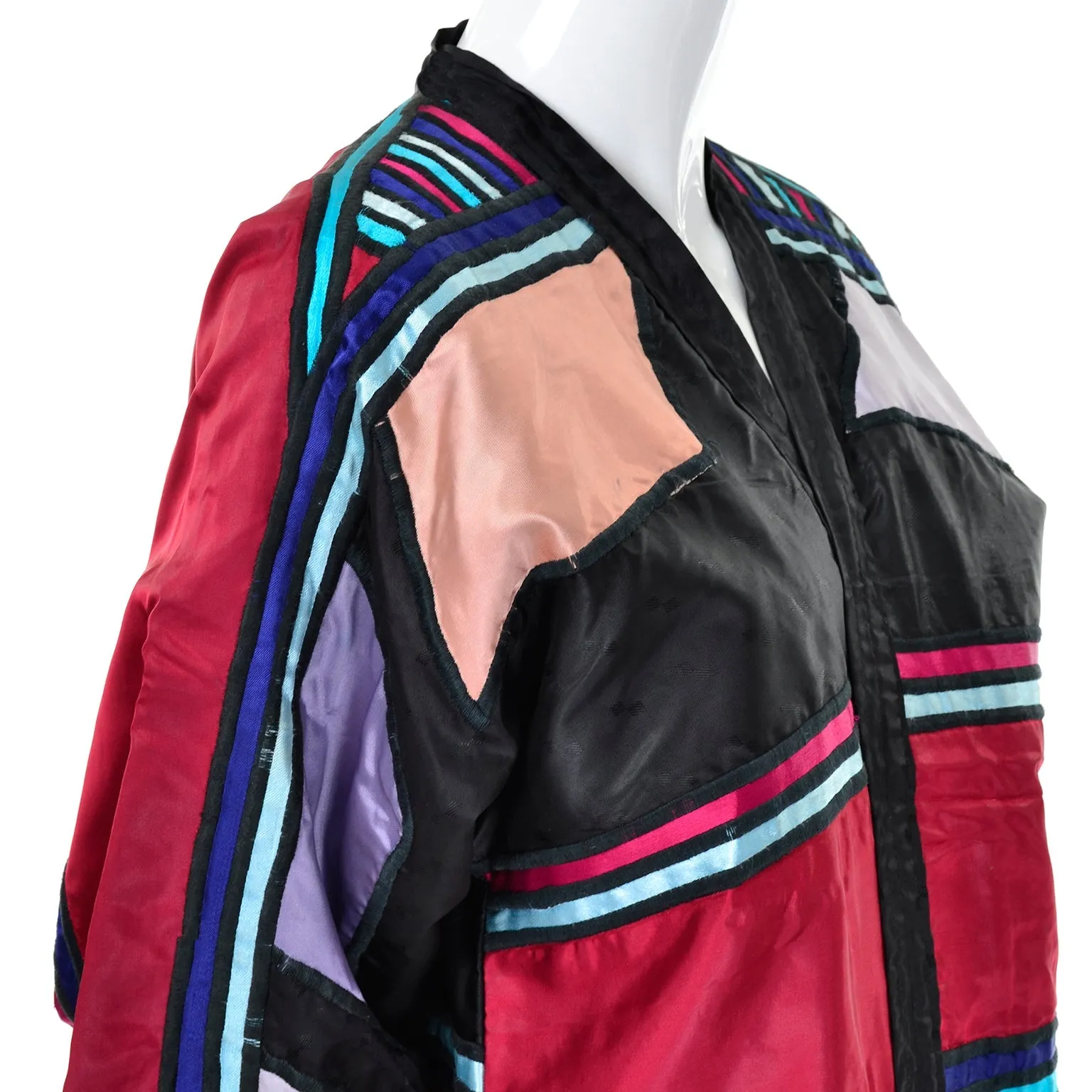 1960s Colorful Patchwork Art Satin Coat Reversible to Black Jacket