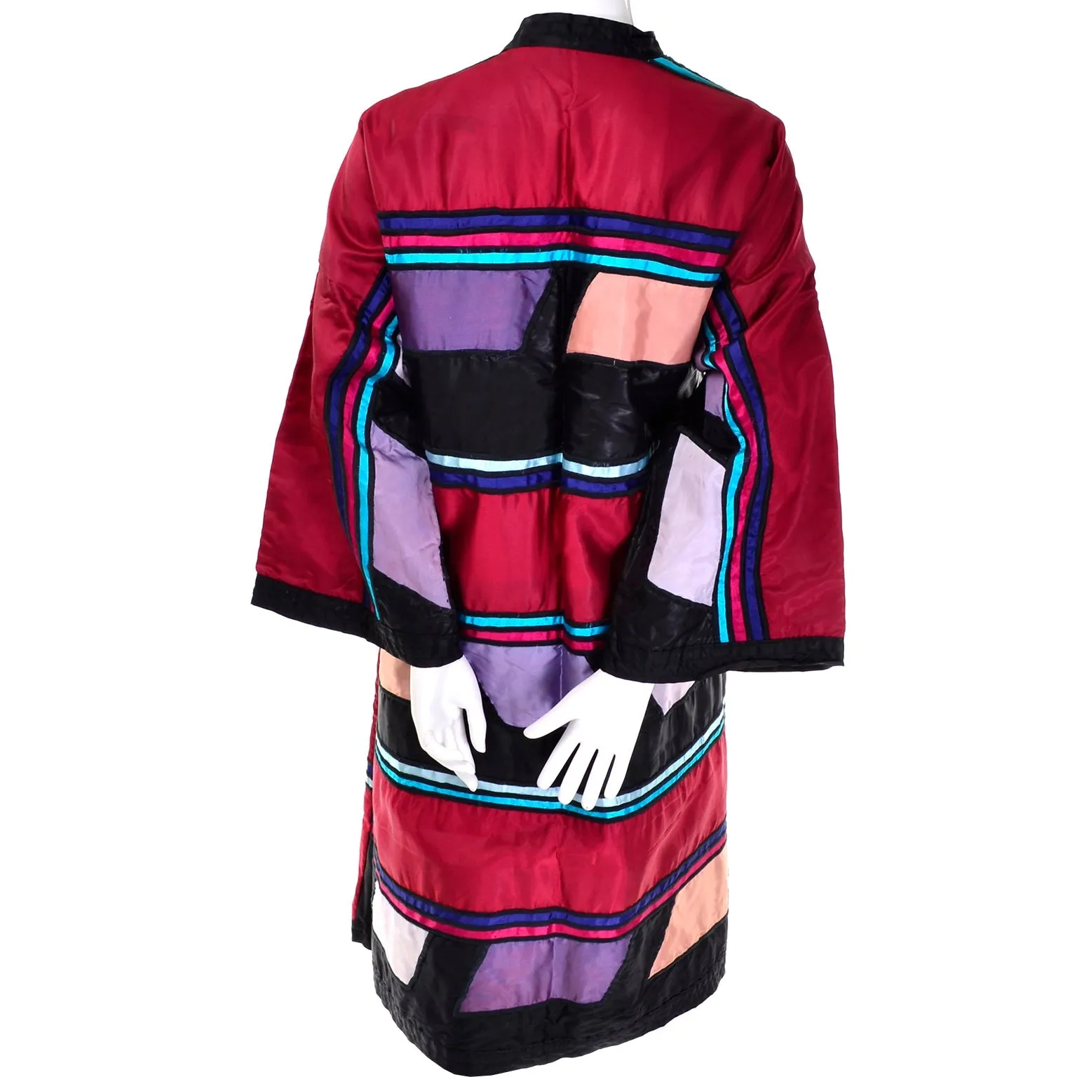 1960s Colorful Patchwork Art Satin Coat Reversible to Black Jacket