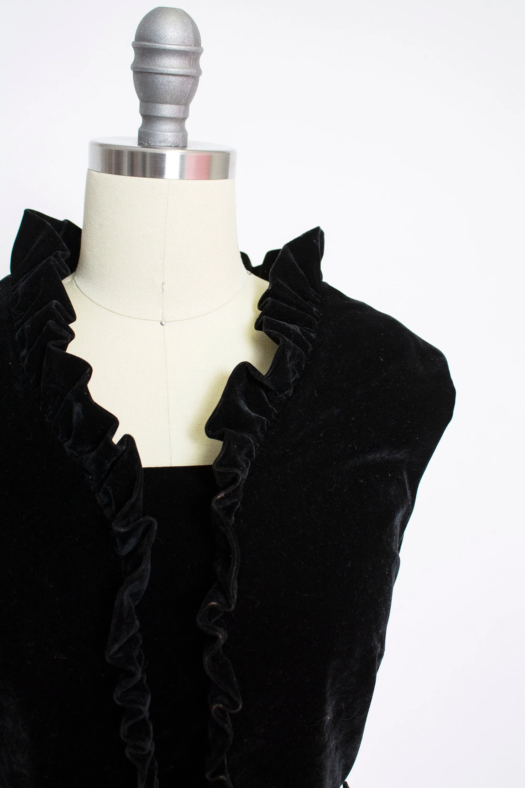 1960s Maxi Dress Black Velvet Metallic Sleeveless Ruffle M