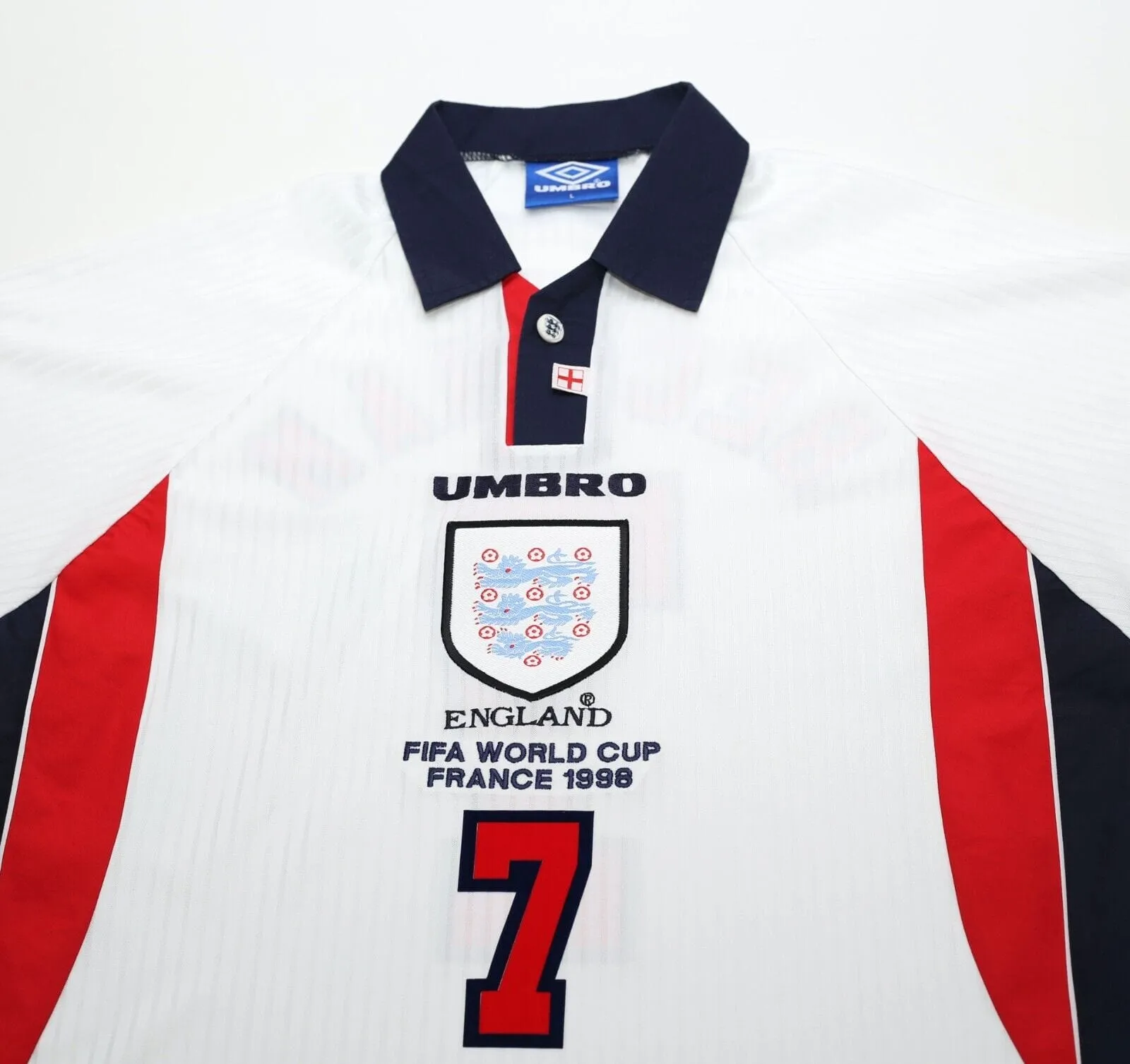 1997/99 BECKHAM #7 England Vintage Umbro Home Football Shirt (M/L) World Cup 98