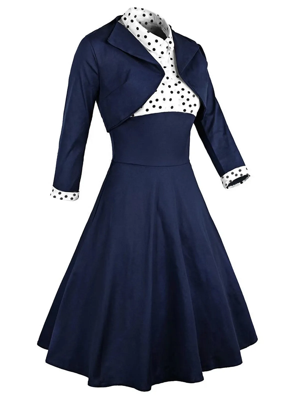 2PCS Navy 1950s Polka Dot Swing Dress