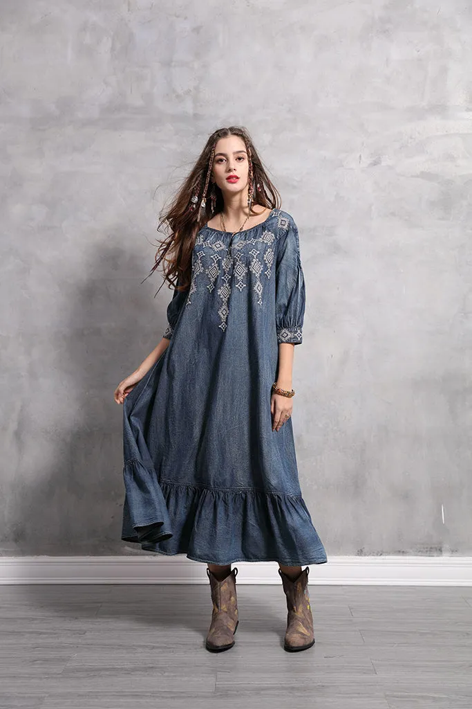 3/4 SLEEVE RUFFLE HEM  DENIM MAXI DRESS