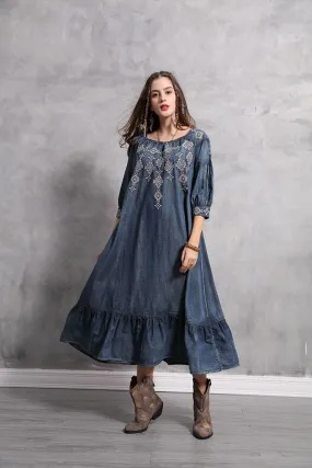 3/4 SLEEVE RUFFLE HEM  DENIM MAXI DRESS