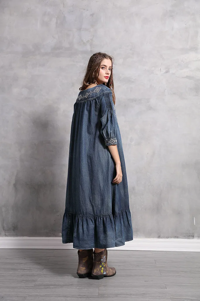 3/4 SLEEVE RUFFLE HEM  DENIM MAXI DRESS