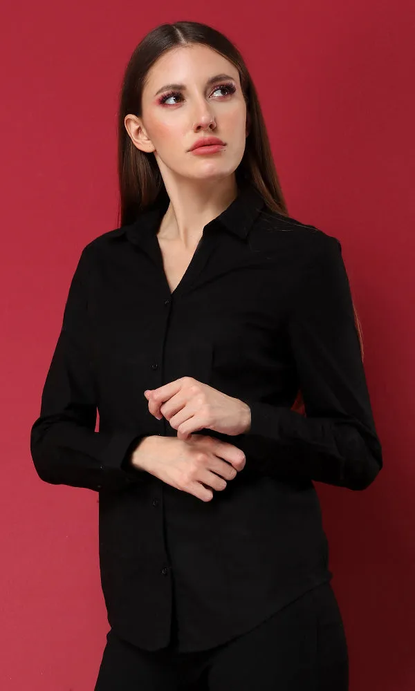 38401 Turn Down Collar Basic Buttoned Shirt - Black