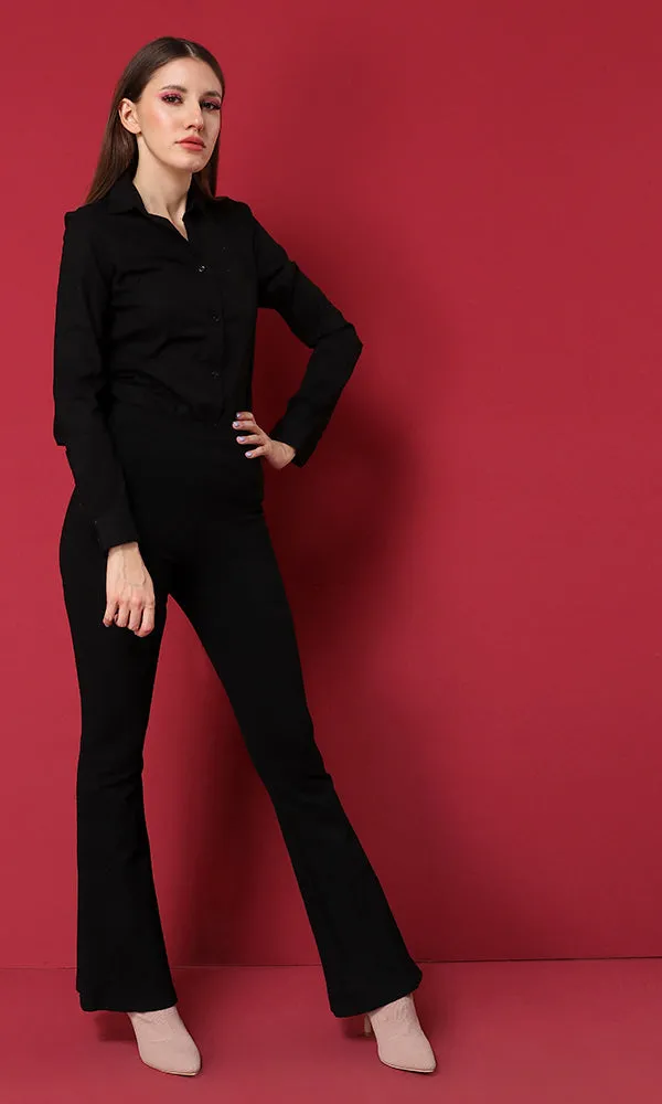 38401 Turn Down Collar Basic Buttoned Shirt - Black