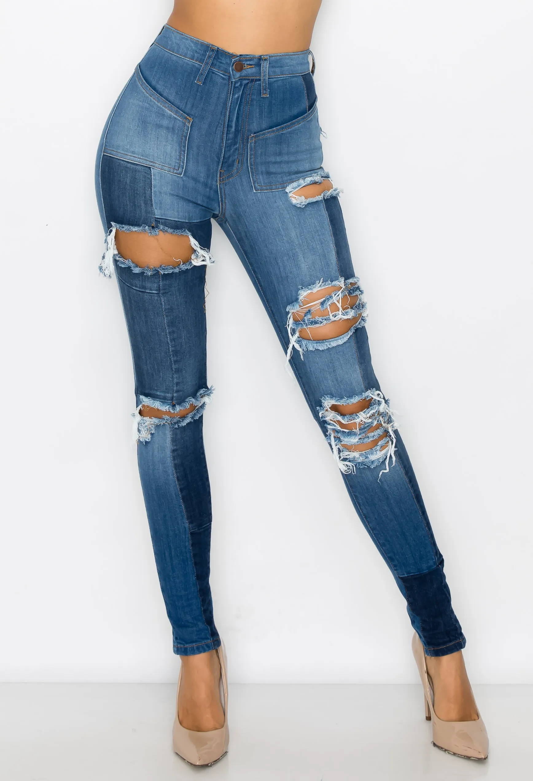 40343 Women's High Waisted Distressed Multi Panel Patchwork Skinny Jeans