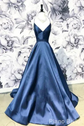 A Line Blue Spaghetti Straps Satin Prom Dresses, V Neck Blue Sexy Evening Party Dress