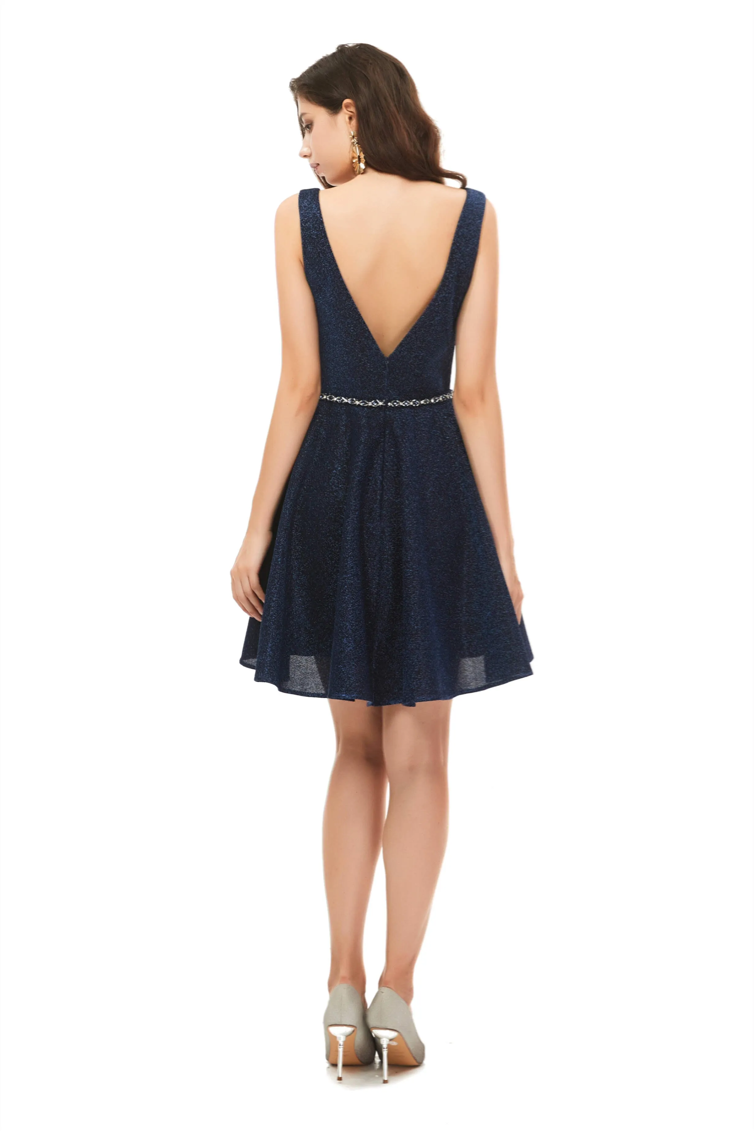 A-Line Navy Blue V-neck Mini Short Beading Homecoming Dresses k08