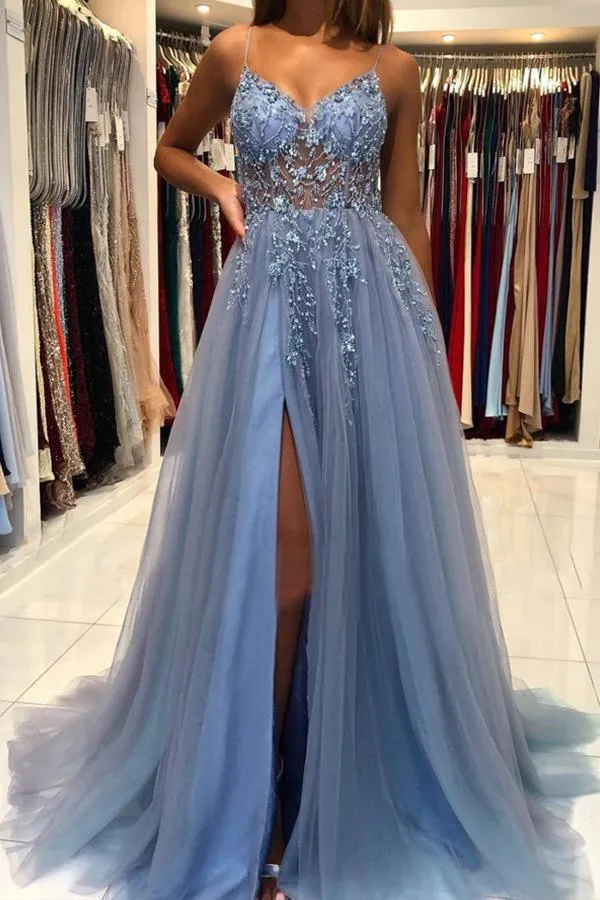 A Line V Neck Blue Tulle Long Prom Dresses Formal Dress With Beading