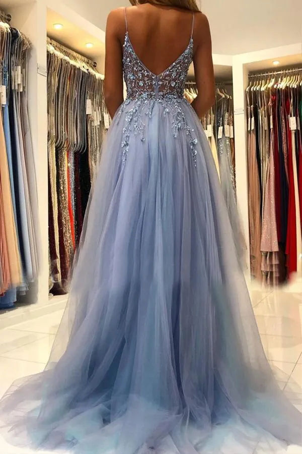 A Line V Neck Blue Tulle Long Prom Dresses Formal Dress With Beading