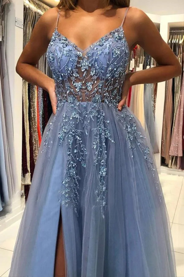 A Line V Neck Blue Tulle Long Prom Dresses Formal Dress With Beading