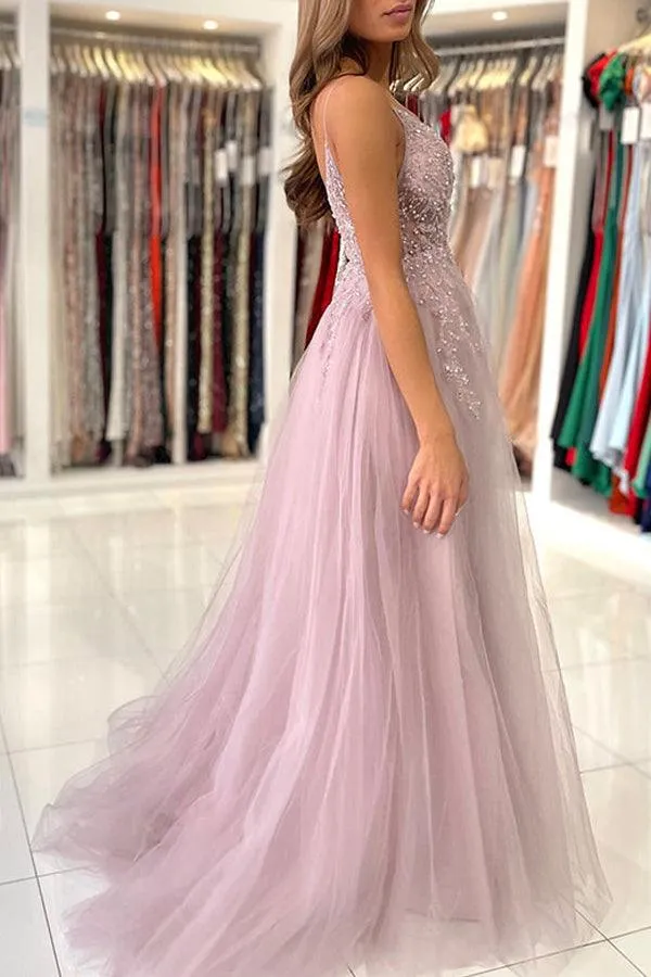 A Line V Neck Blue Tulle Long Prom Dresses Formal Dress With Beading