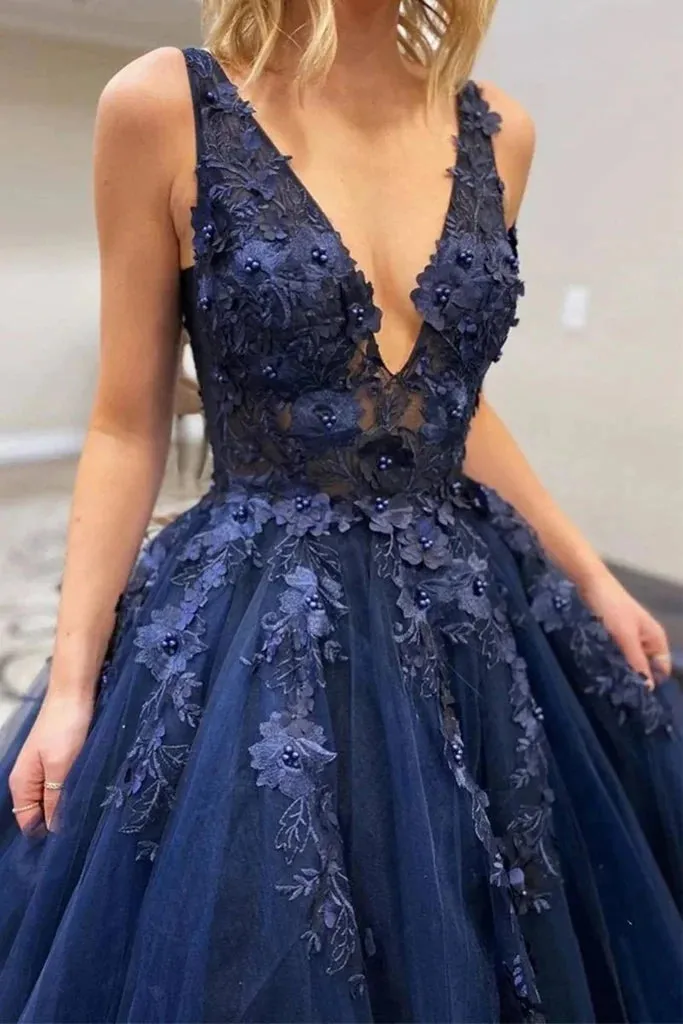 A Line V Neck Dark Blue Lace Beaded Prom Dresses, Dark Blue Lace Long Formal Evening Dresses