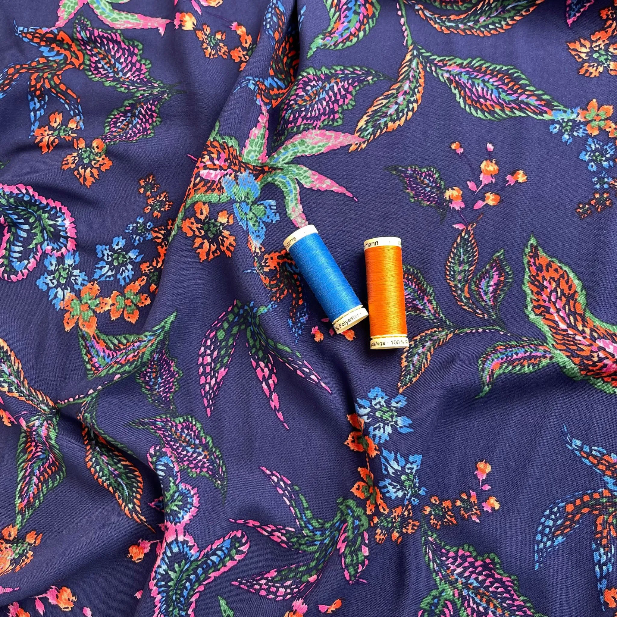 Abstract Foliage Navy Rayon Viscose Fabric