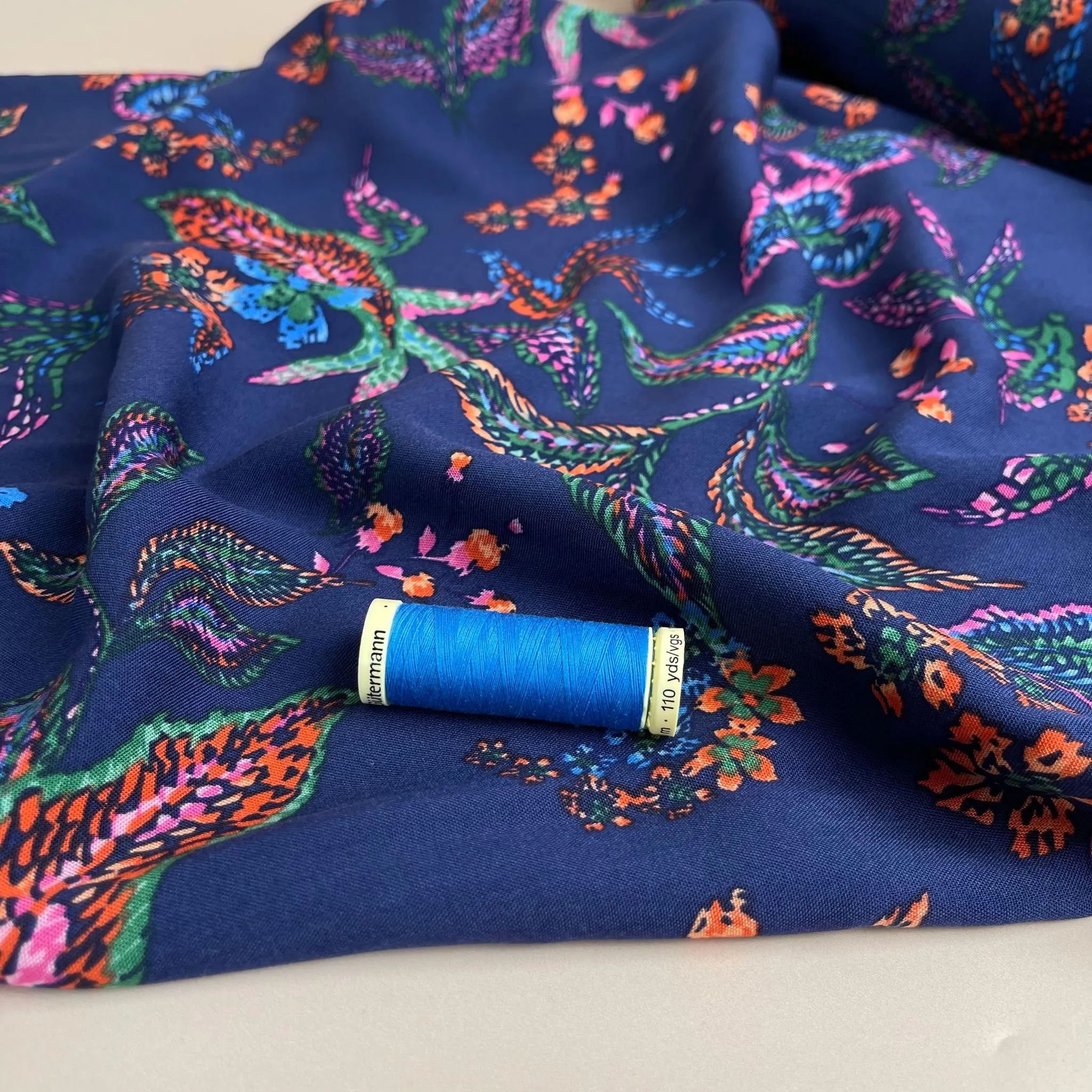 Abstract Foliage Navy Rayon Viscose Fabric