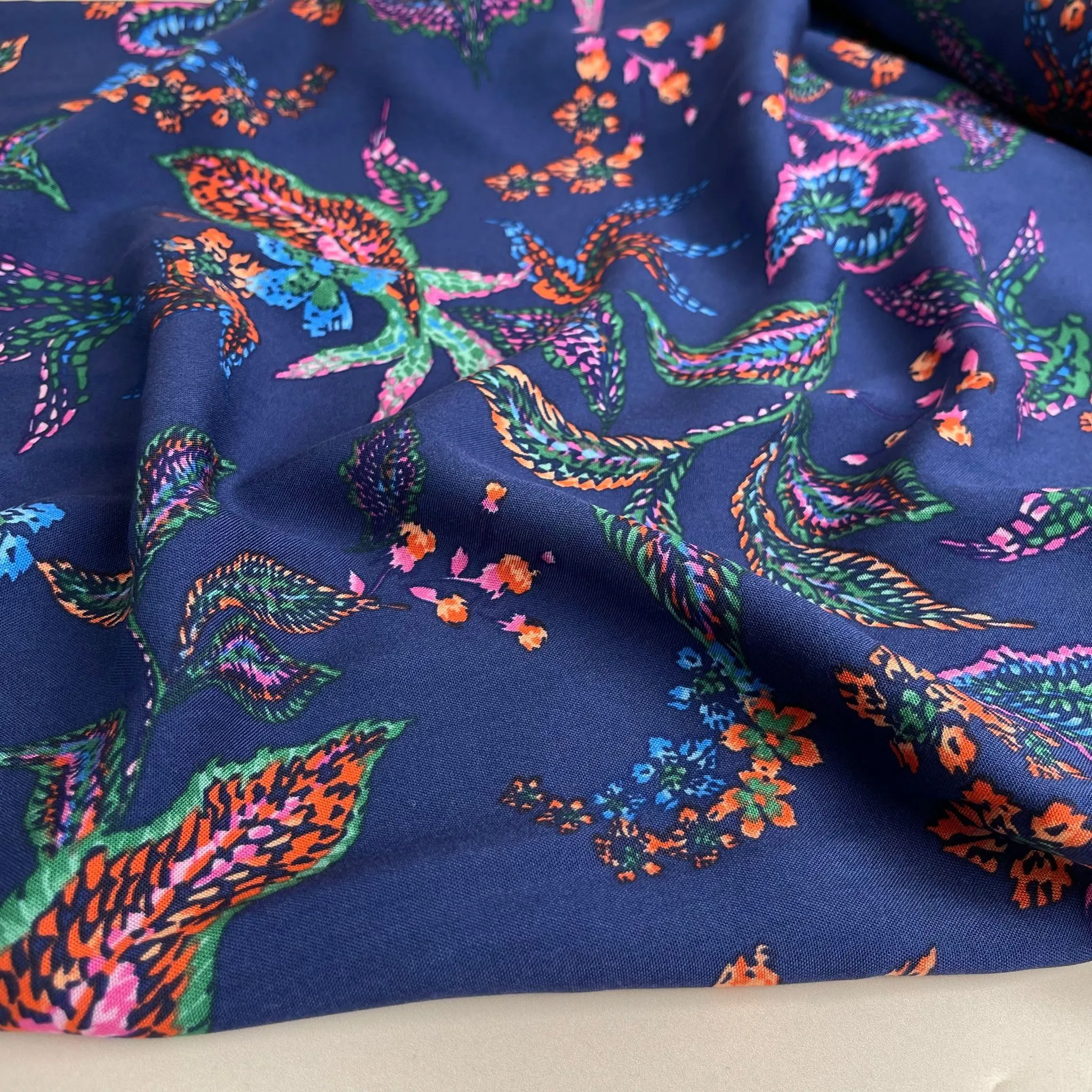 Abstract Foliage Navy Rayon Viscose Fabric