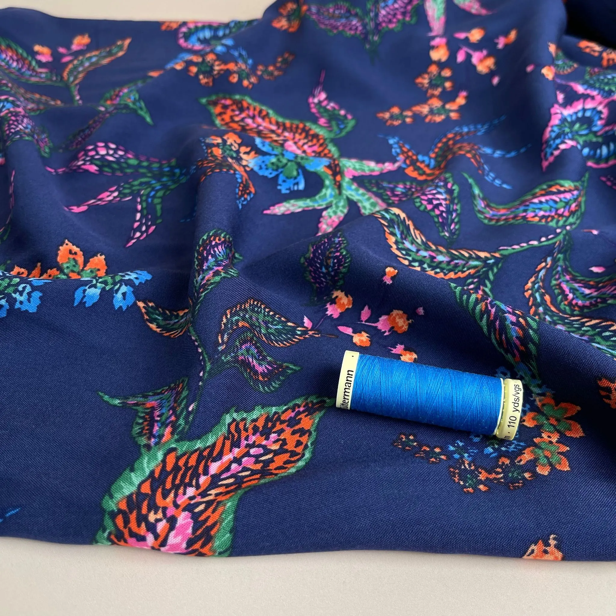 Abstract Foliage Navy Rayon Viscose Fabric