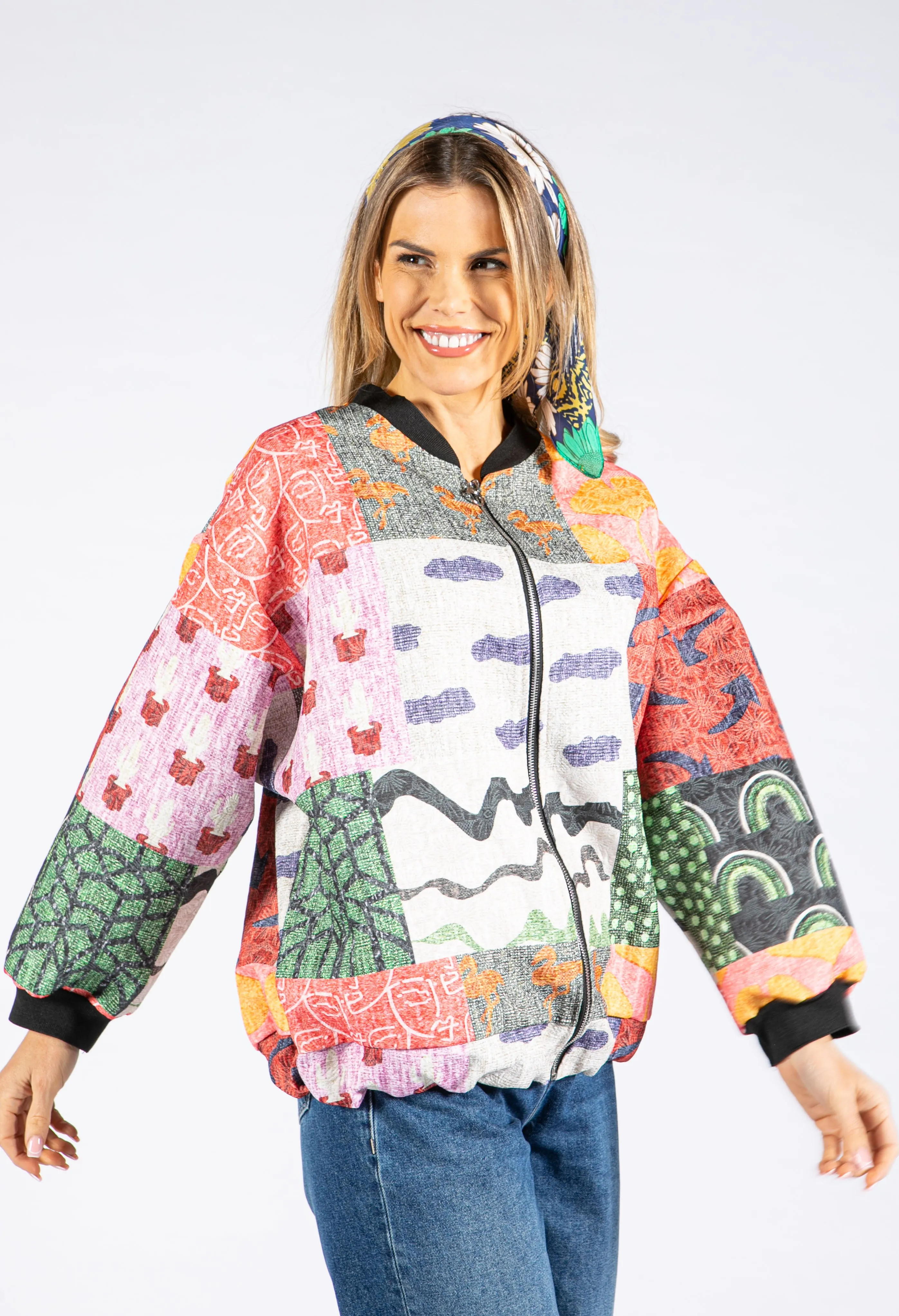 Abstract Patchwork Bomber Jacket