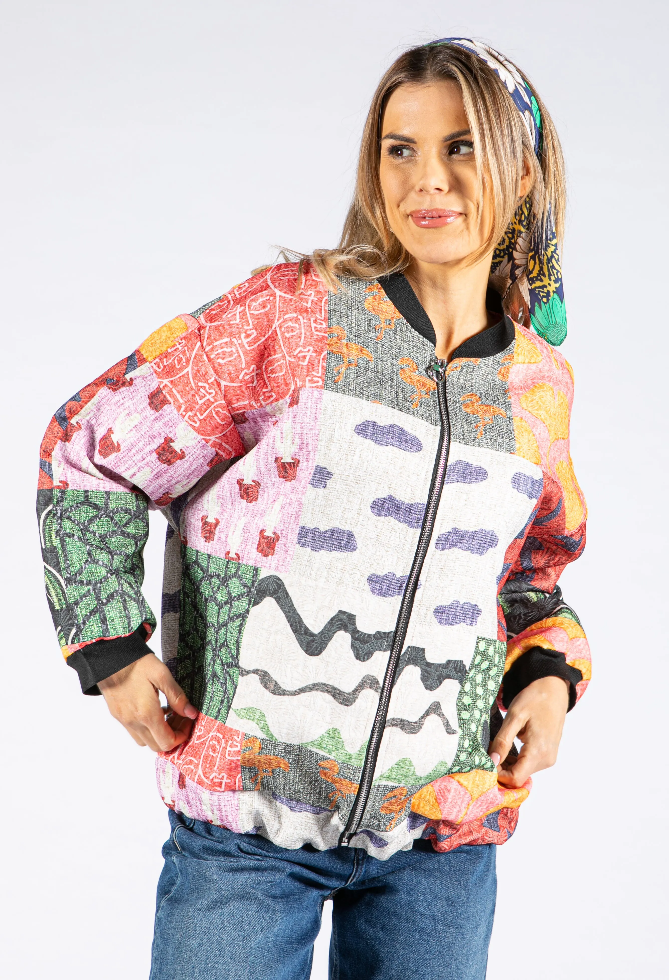 Abstract Patchwork Bomber Jacket