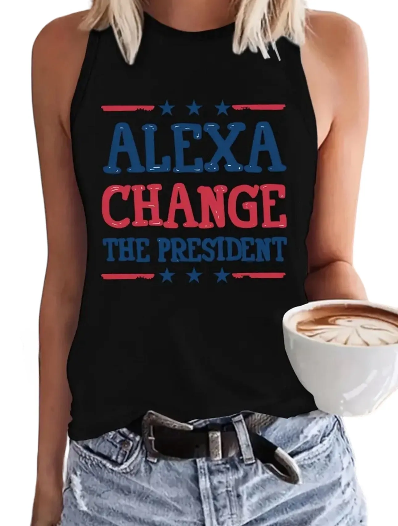 AD Alexa…Crew Neck Tank Top, Casual Sleeveless Top Bk L