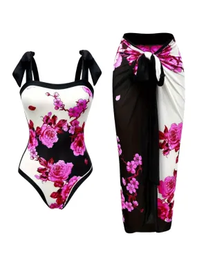 AD Floral Pattern 2 Piece Swimsuits Rose Red M