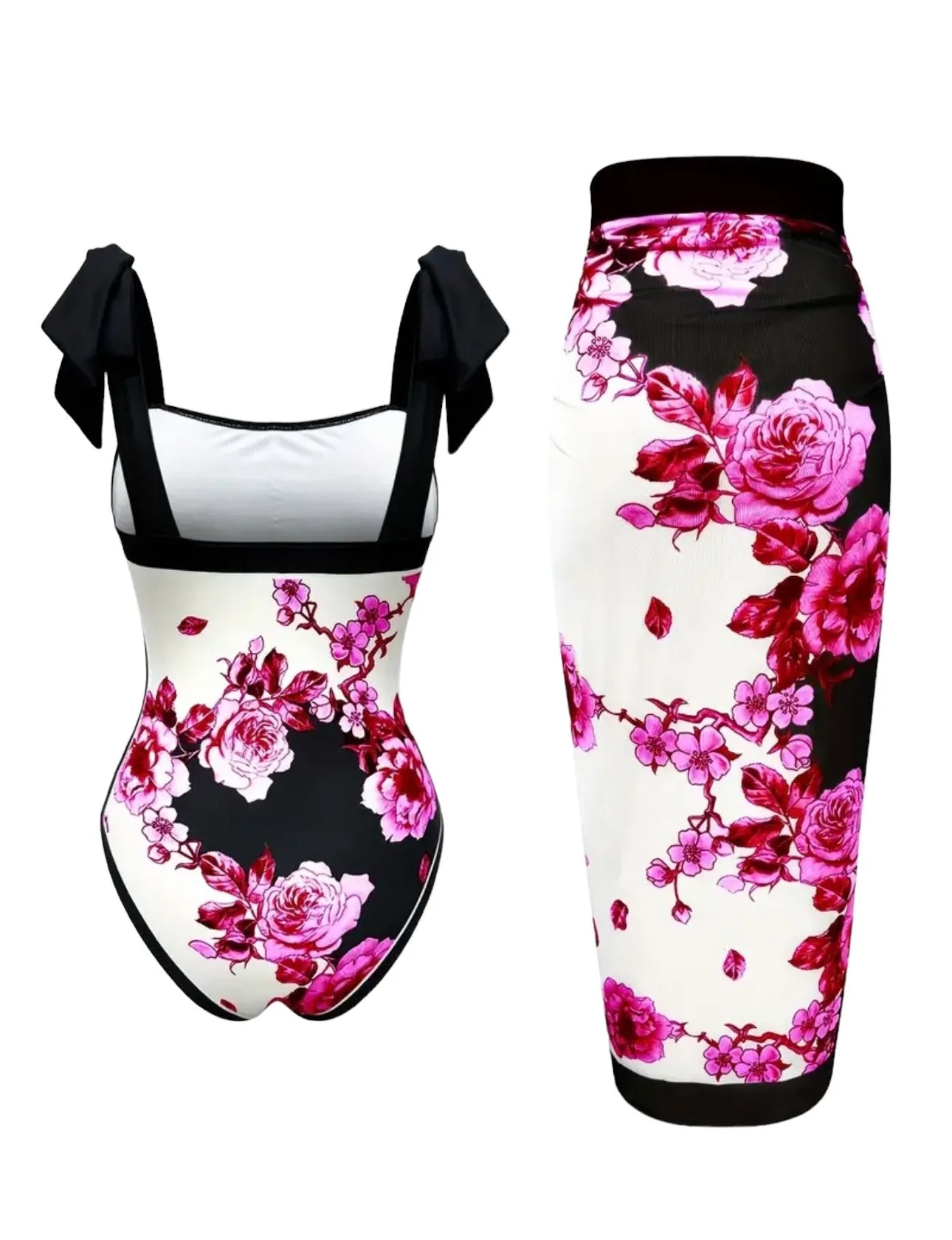 AD Floral Pattern 2 Piece Swimsuits Rose Red M