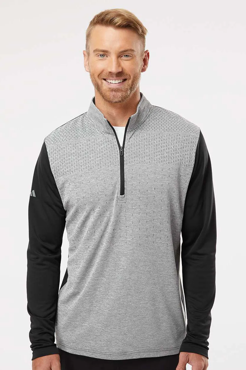 Adidas Mens Heather Block Print Moisture Wicking 1/4 Zip Sweatshirt - Black Melange/Black/Grey - NEW