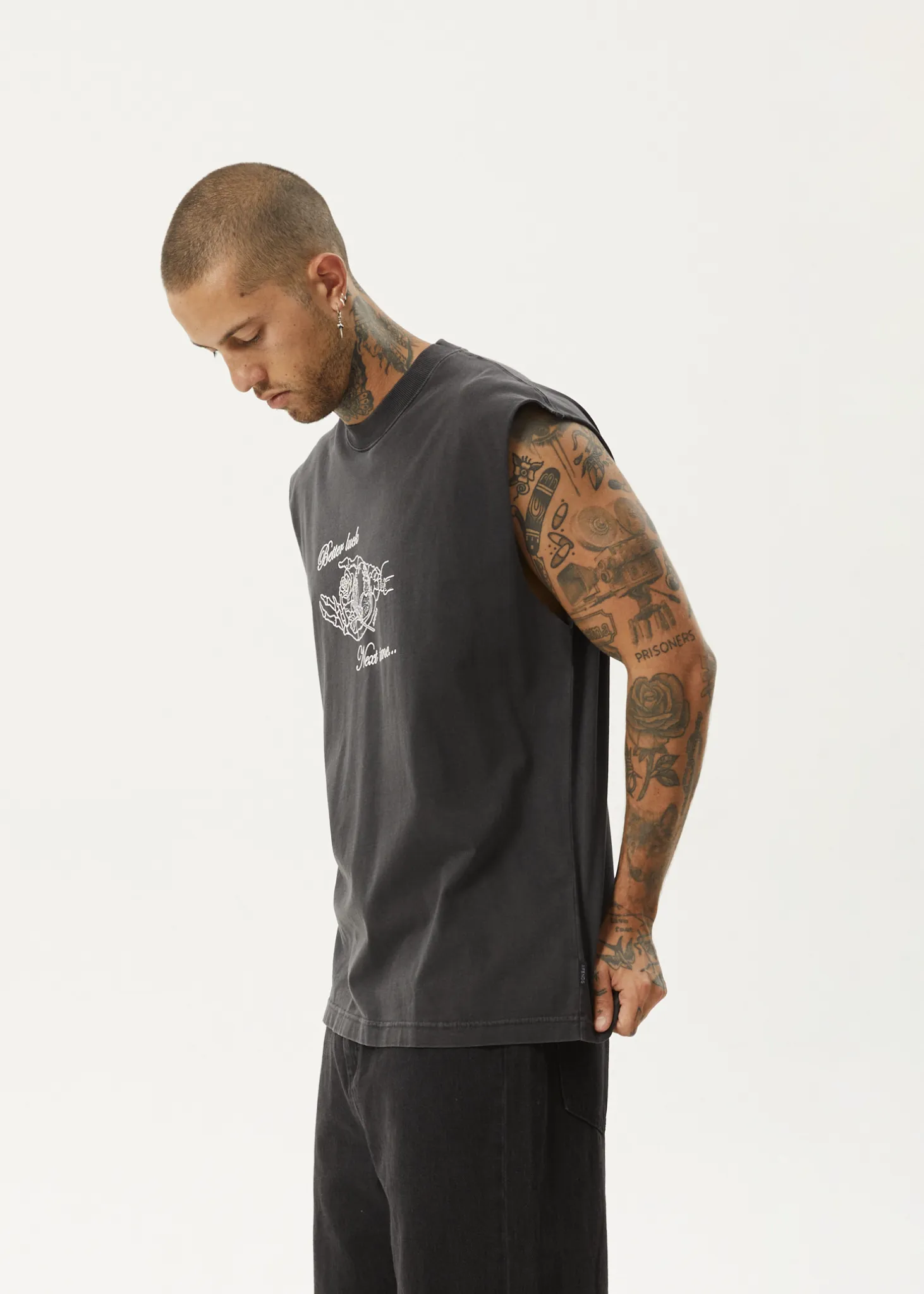 AFENDS Mens Bad Luck - Sleeveless Tee - Stone Black