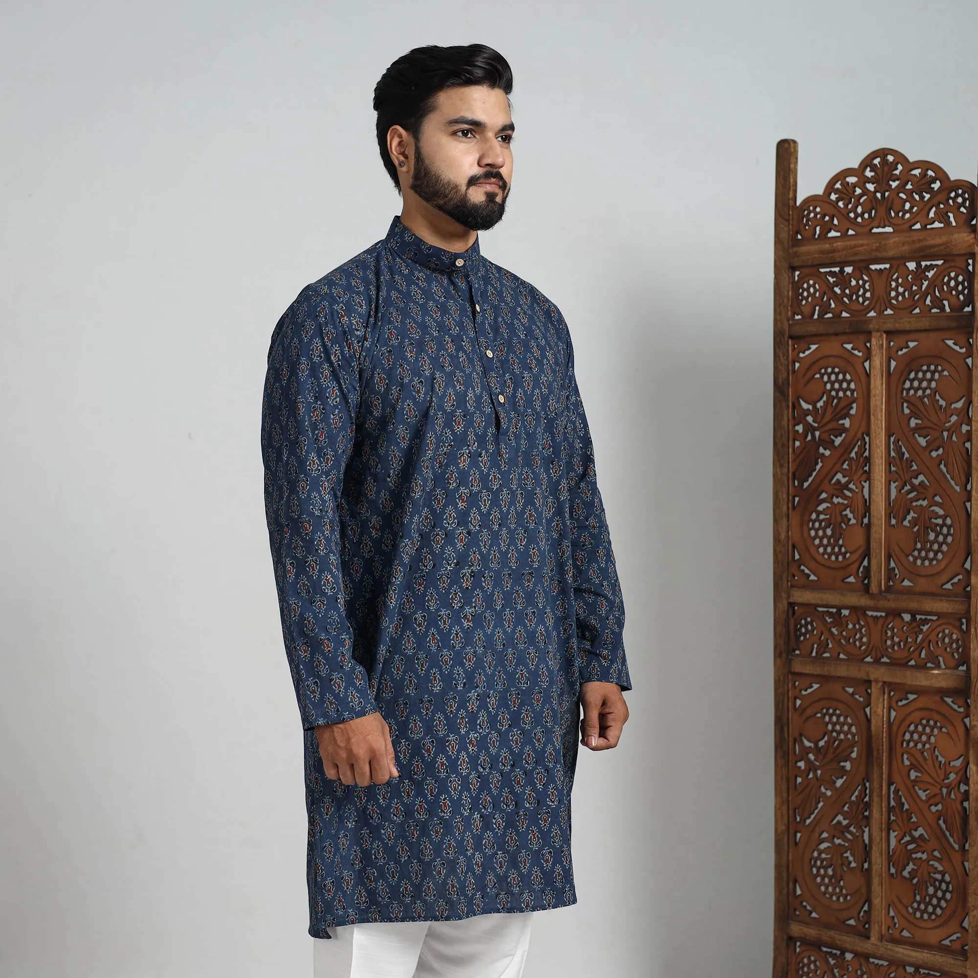 Ajrakh Block Printed Cotton Men Long Kurta 13