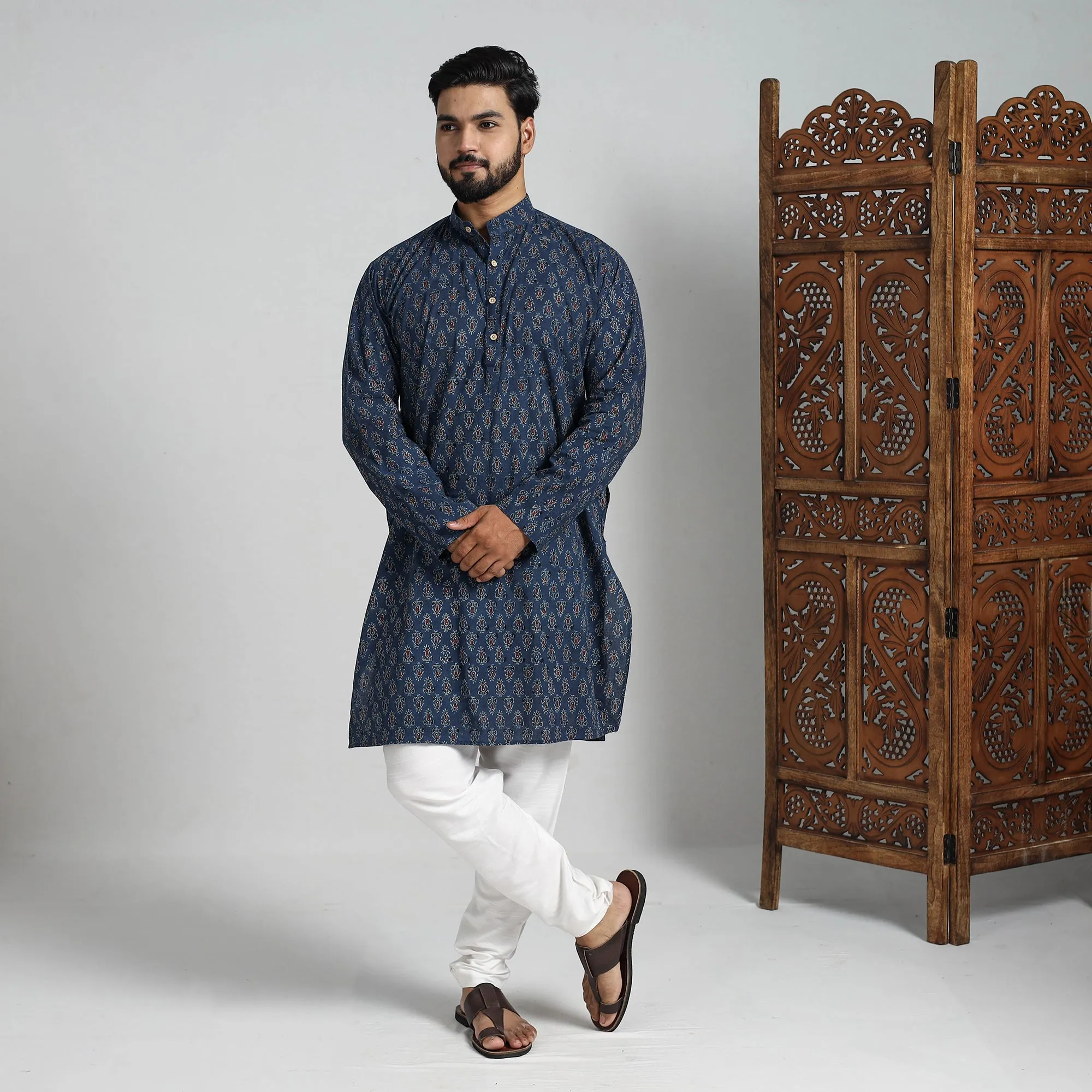 Ajrakh Block Printed Cotton Men Long Kurta 13