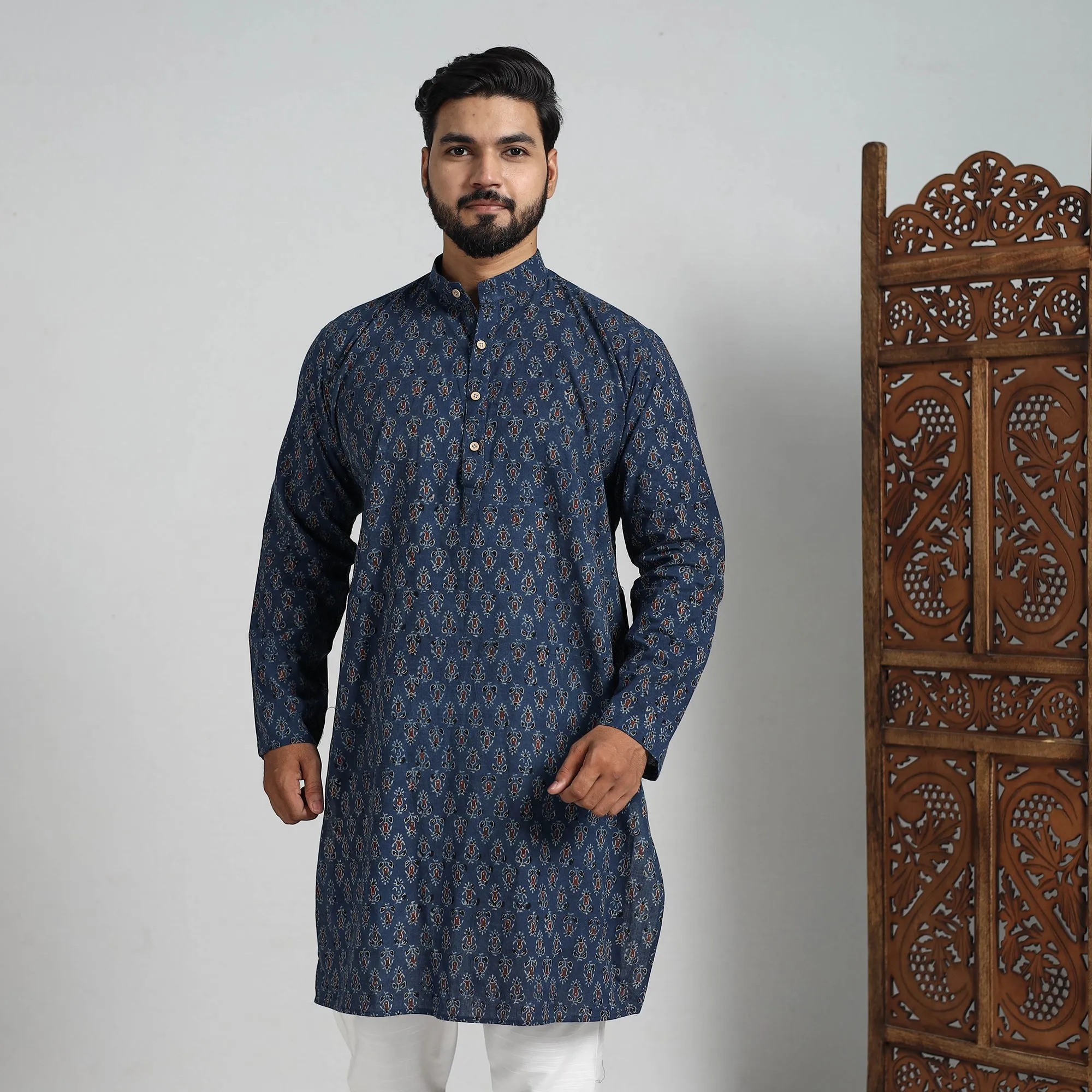 Ajrakh Block Printed Cotton Men Long Kurta 13