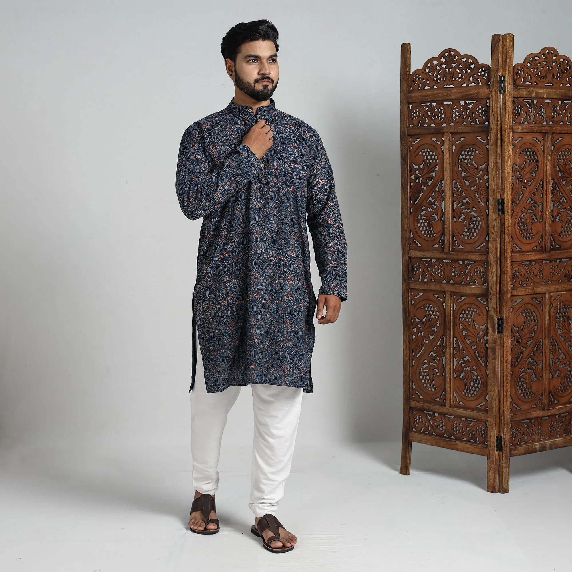 Ajrakh Block Printed Cotton Men Long Kurta 19