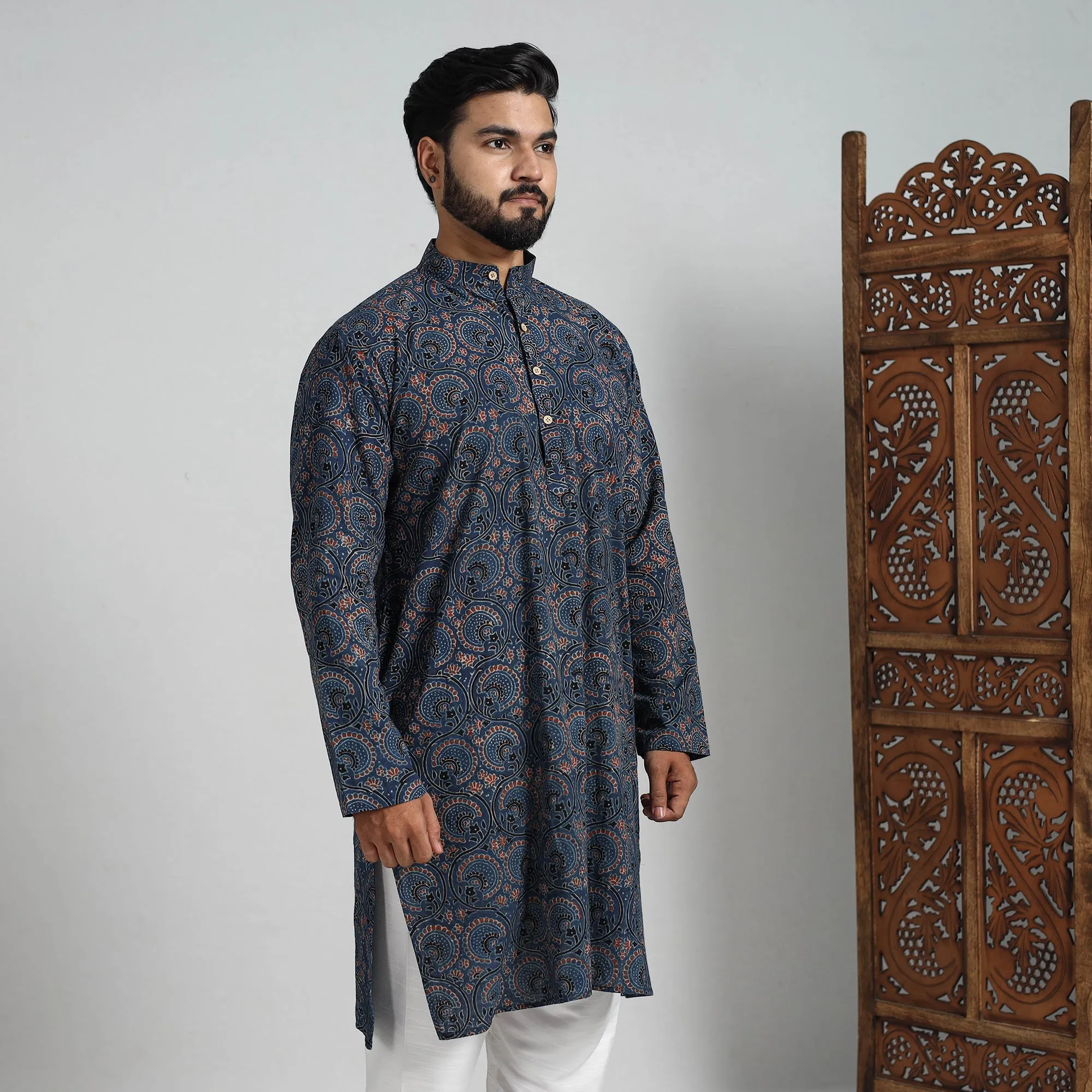 Ajrakh Block Printed Cotton Men Long Kurta 19