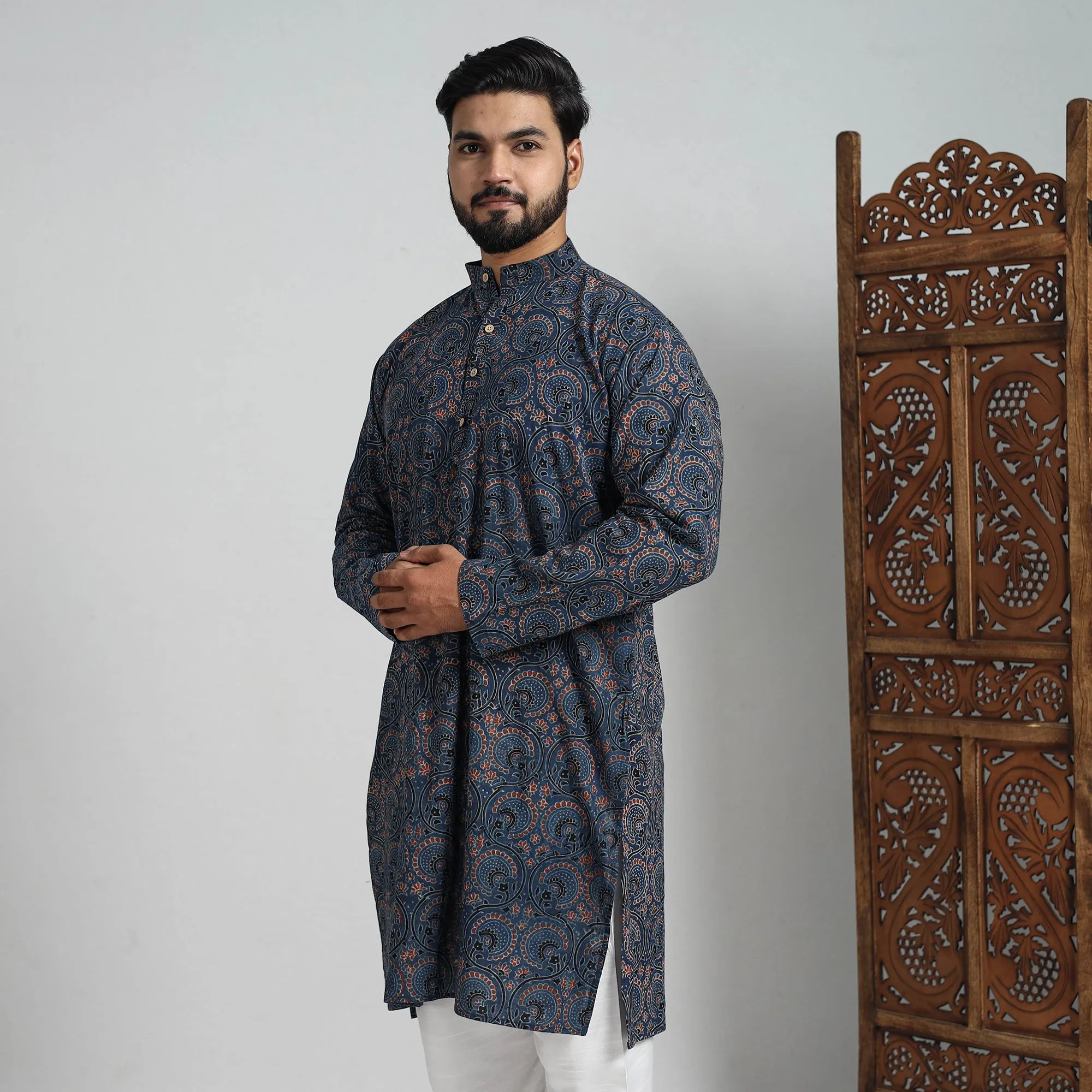 Ajrakh Block Printed Cotton Men Long Kurta 19