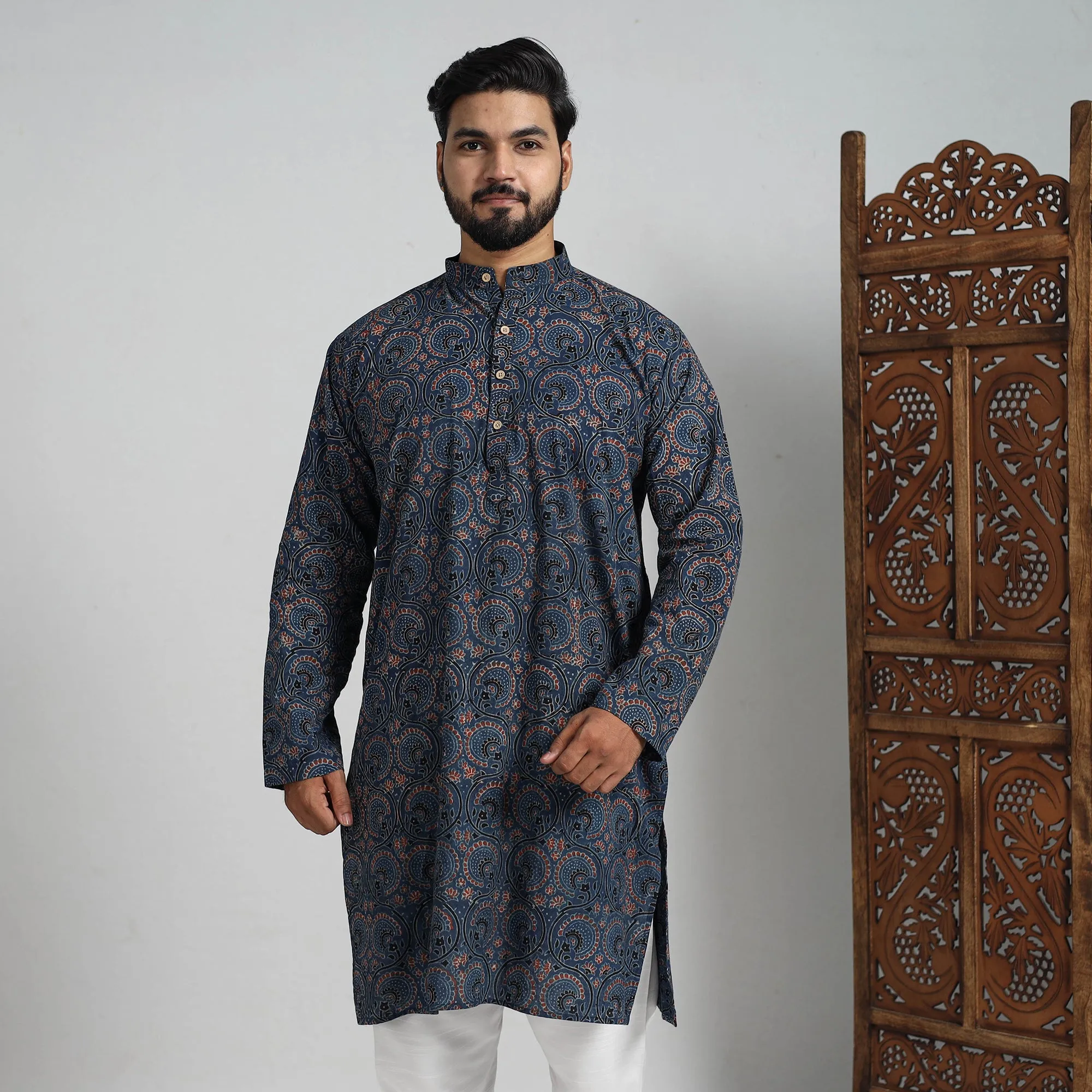 Ajrakh Block Printed Cotton Men Long Kurta 19