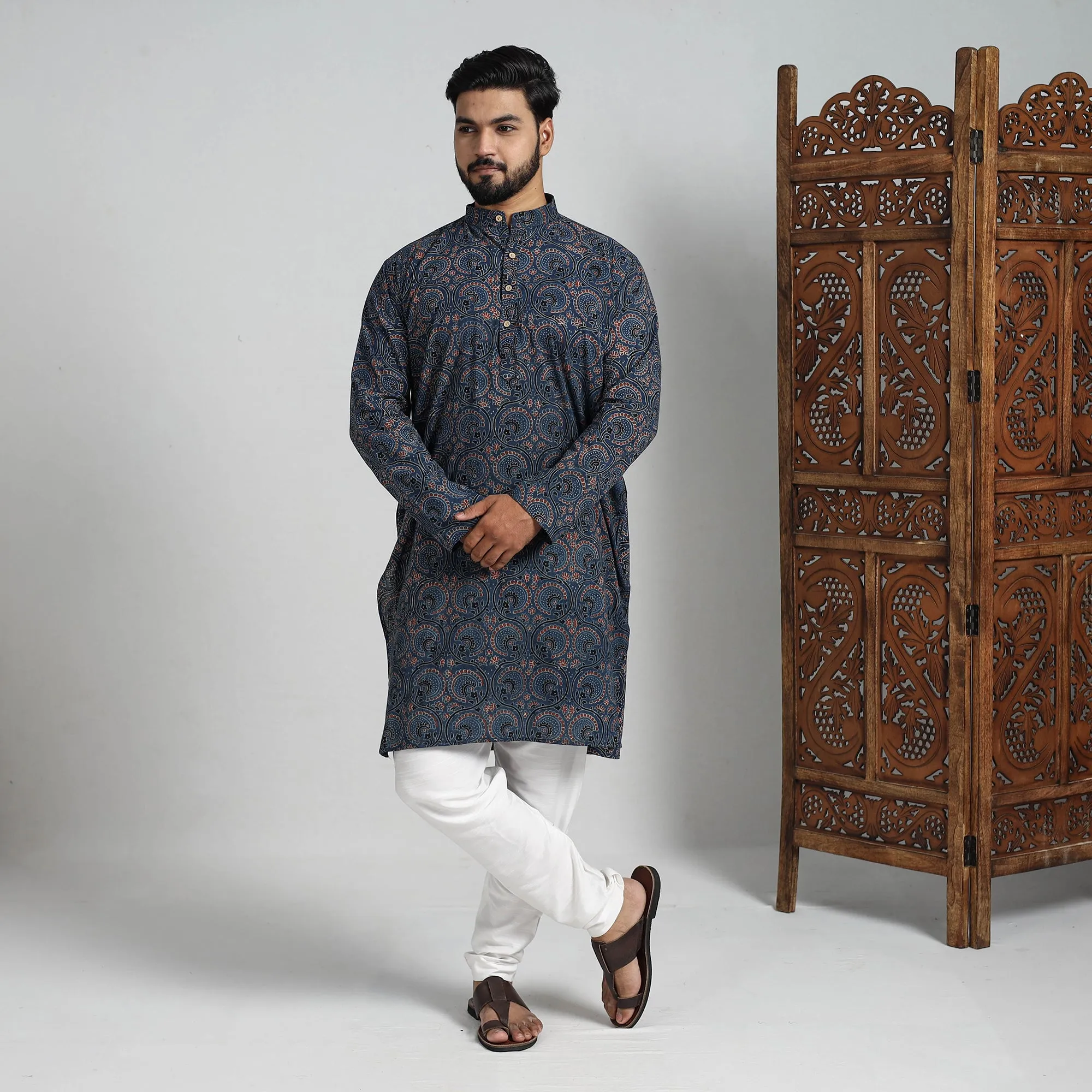 Ajrakh Block Printed Cotton Men Long Kurta 19