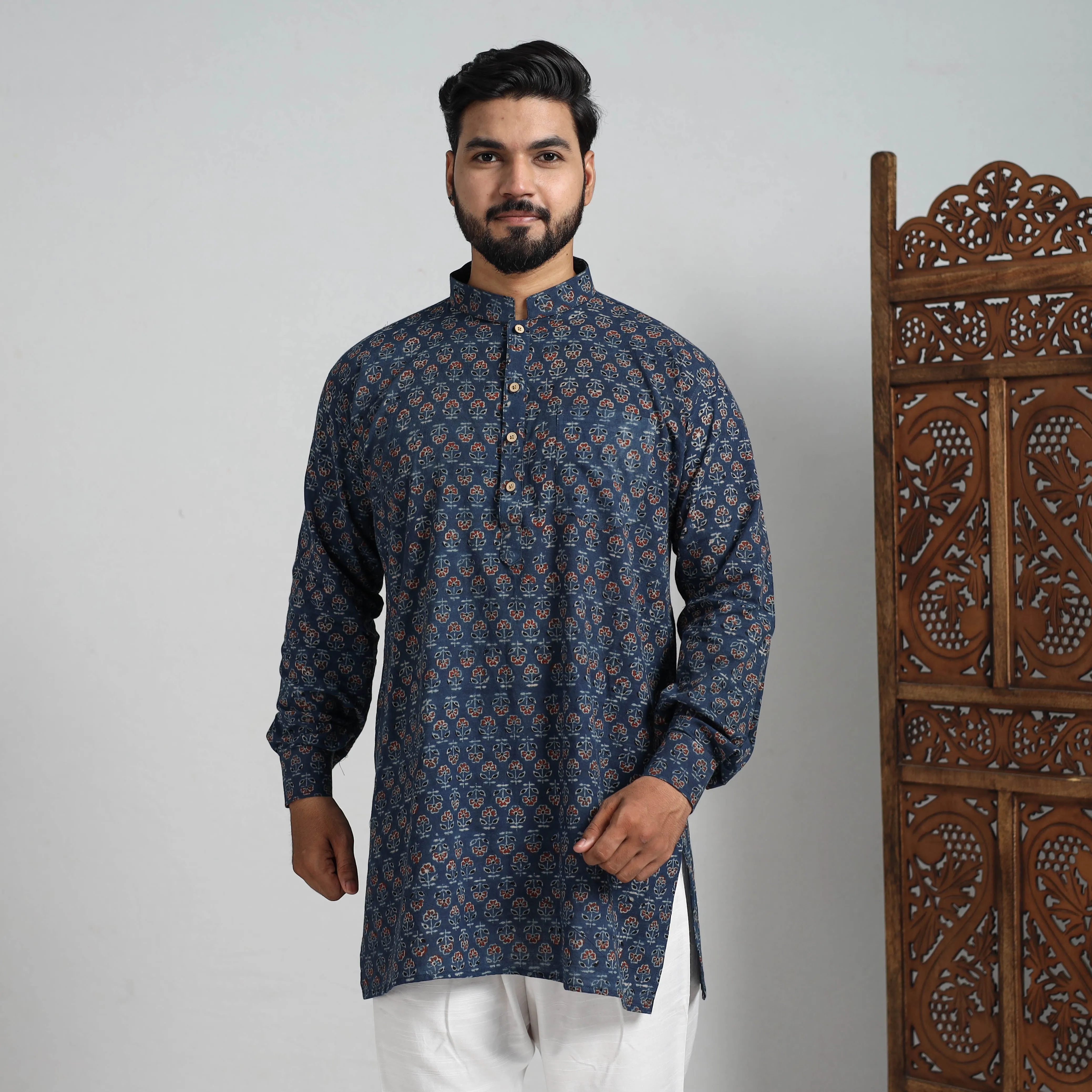 Ajrakh Block Printed Cotton Men Short Kurta 04