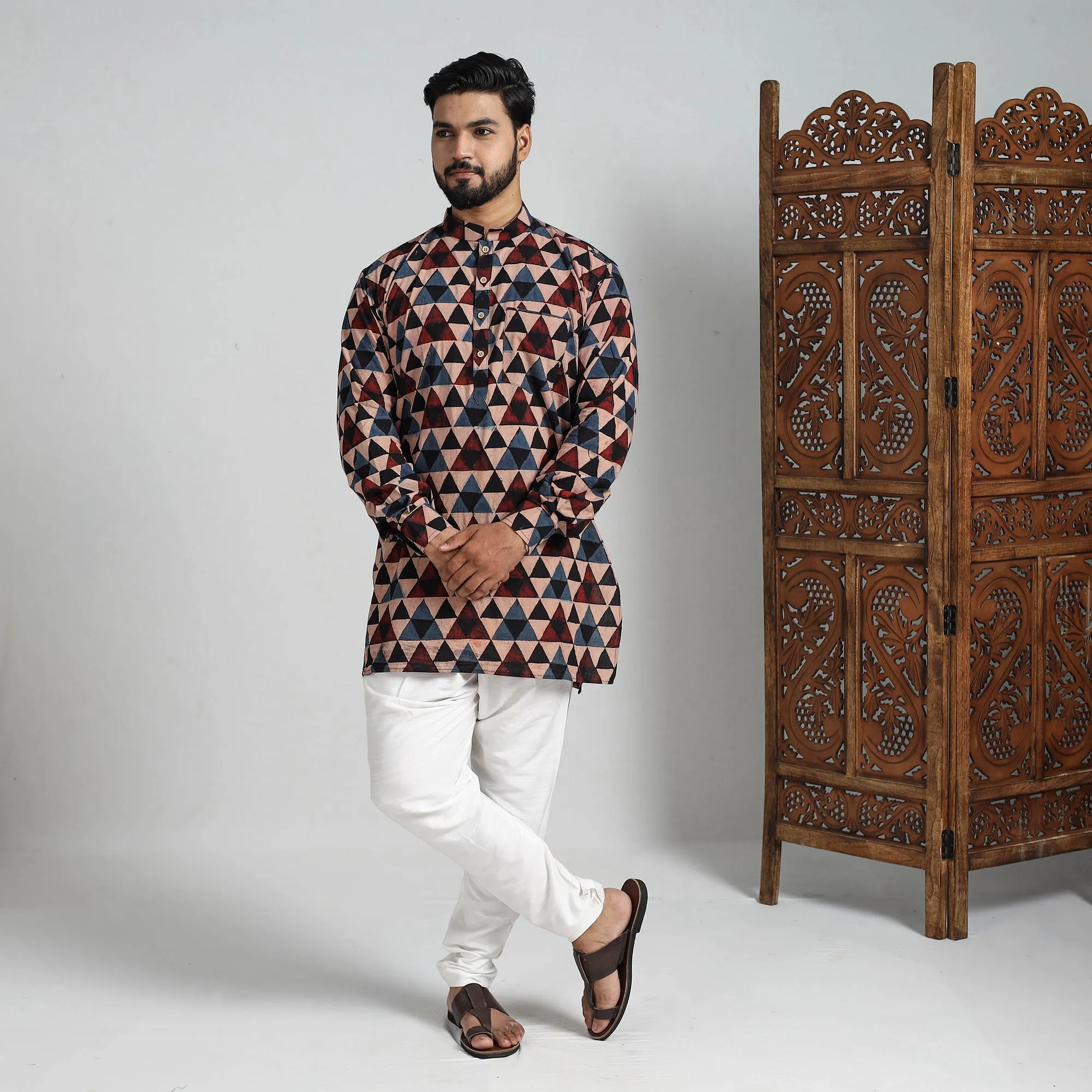 Ajrakh Block Printed Cotton Men Short Kurta 07