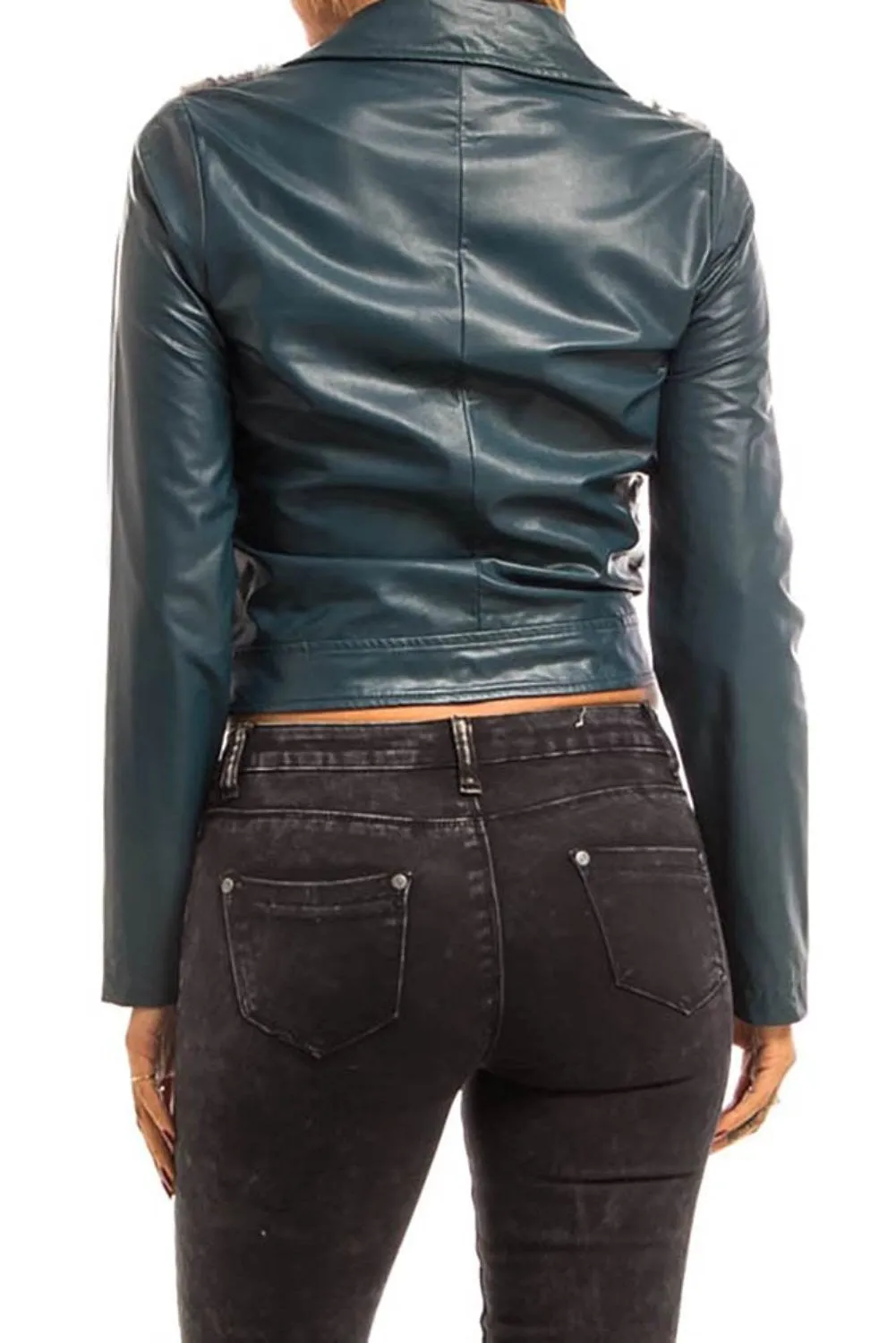 Animal Faux Fur Dark Teal Vegan Leather Cropped Jacket