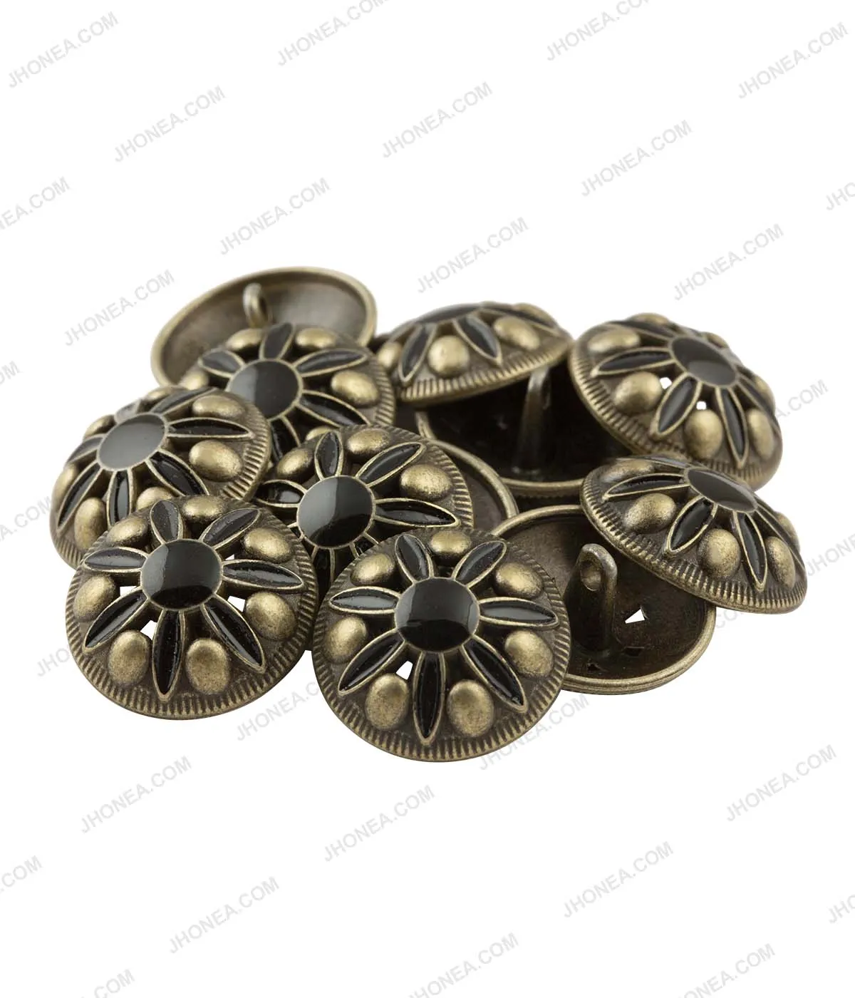 Antique Brass with Black Enamel Flower Petal Design Metal Buttons