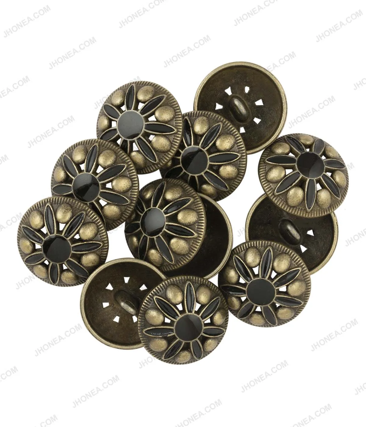 Antique Brass with Black Enamel Flower Petal Design Metal Buttons