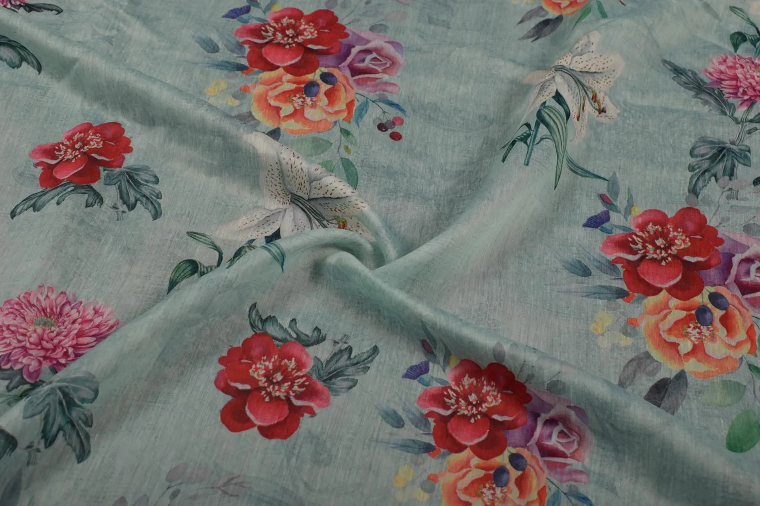 Aqua Blue Printed Chanderi Fabric