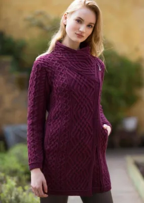 Aran Crafts Cable Knit Side Zip Coat | Wine