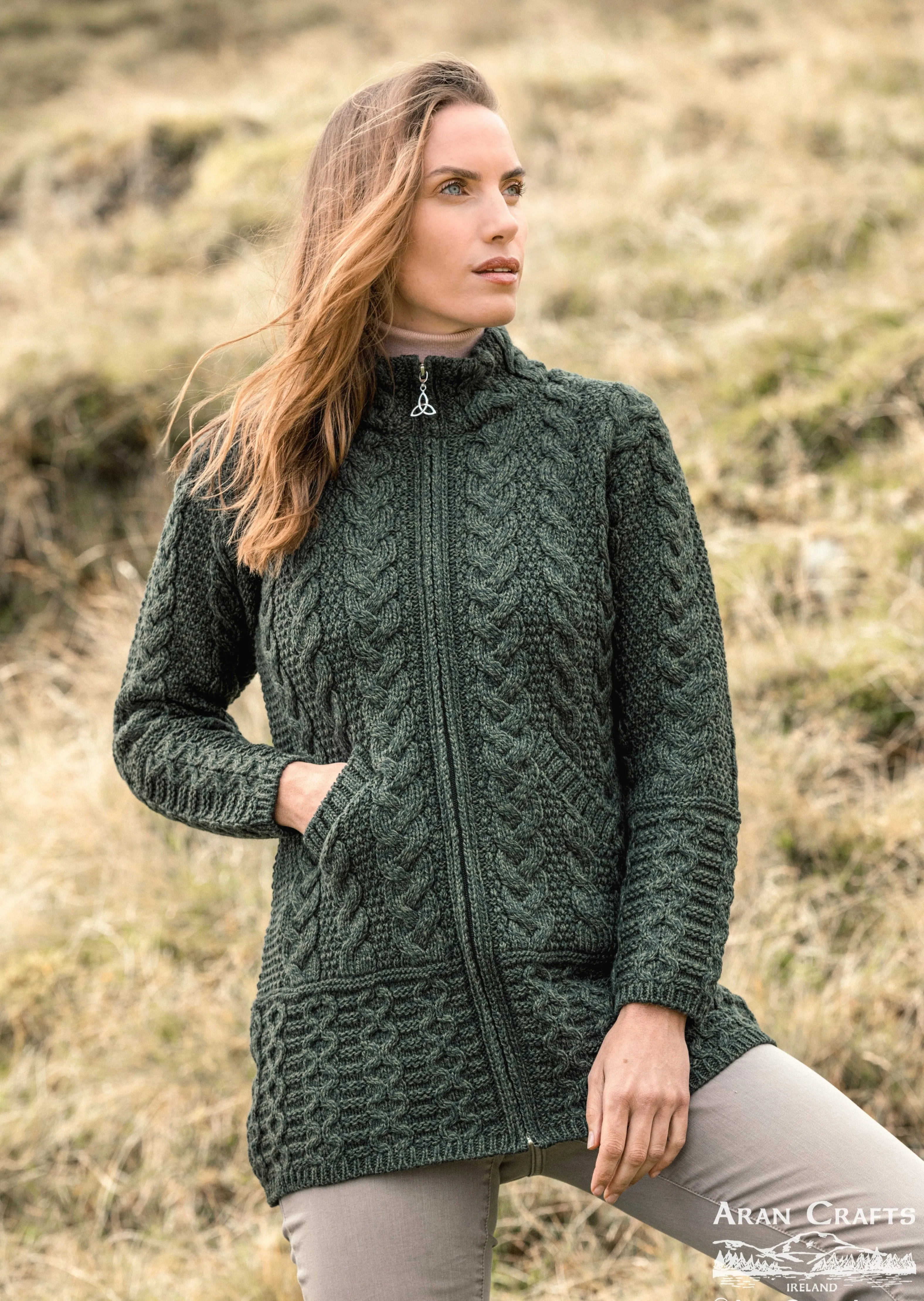 Aran Crafts Cork Long Zip Coat | Green